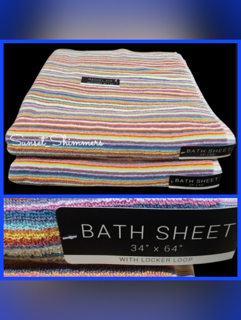 2pc Rachel Zoe Cotton Rainbow Striped Multicolored Bath Sheet / Beach Towel Set